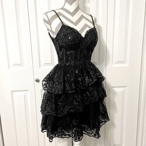 Black Tiered Skirt Sequined Dress